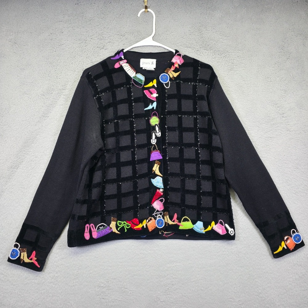 Just B Cardigan Womens M Black Sequins Beaded Windowpane Funky Patchwork Sweater